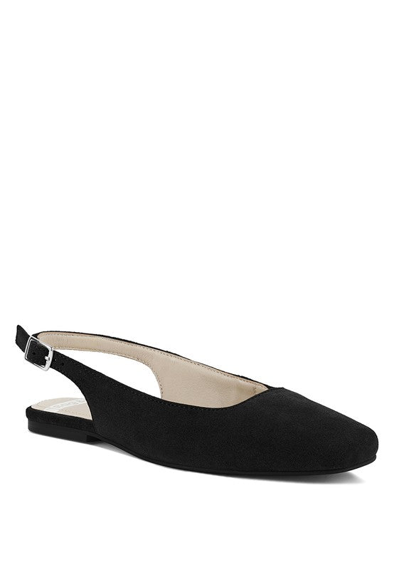 Black suede slingback flats with square toe, adjustable buckle strap, low block heel