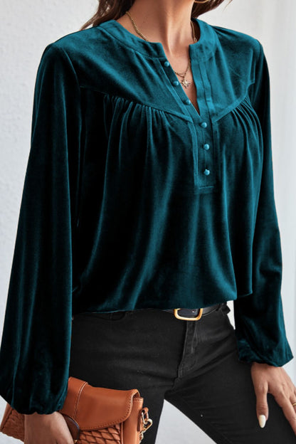 Notched Long Sleeve Velvet Top