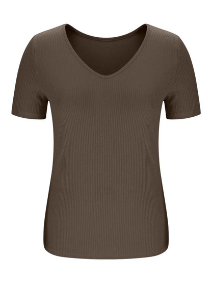 Solid V-Neck Short Sleeve T-Shirt - Tigbul's Variety Fashion Shop