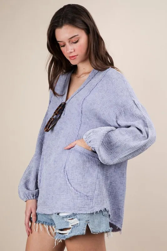 Blue Plus Size Washed Cotton Gauze Oversized Top - Tigbul's Variety Fashion Shop