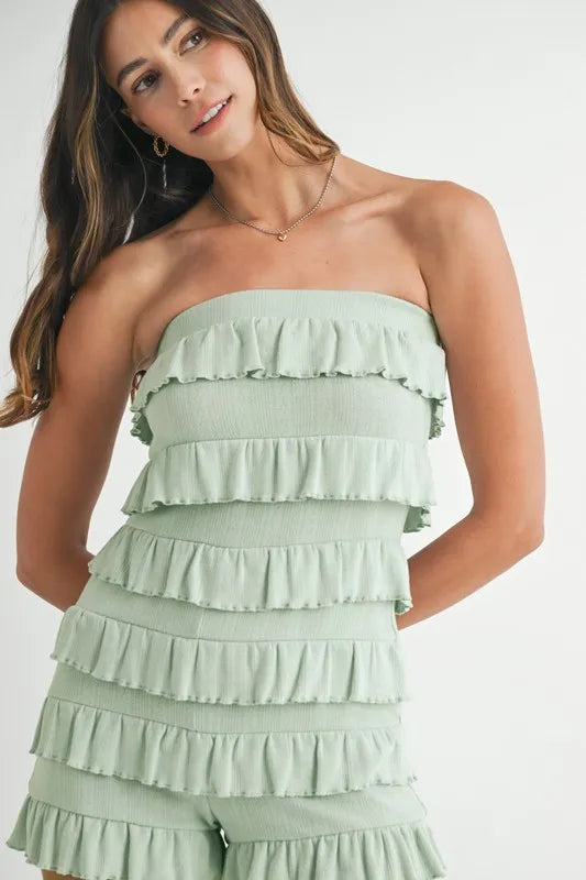 Pointelle Knit Fabric Ruffled Tube Sage Romper - Tigbul's Variety Fashion Shop