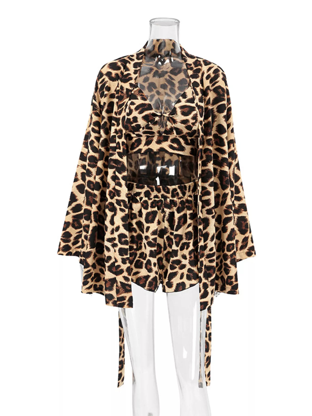 Leopard Cami & Cardigan and Shorts Three-Piece Lounge Set | Tigbuls
