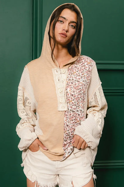 BiBi Slub Jersey with Lace Combo Buttoned Hoodie Top - Tigbul's Variety Fashion Shop