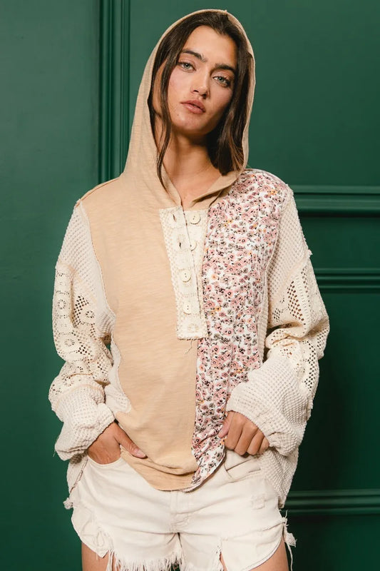 BiBi Slub Jersey with Lace Combo Buttoned Hoodie Top - Tigbul's Variety Fashion Shop