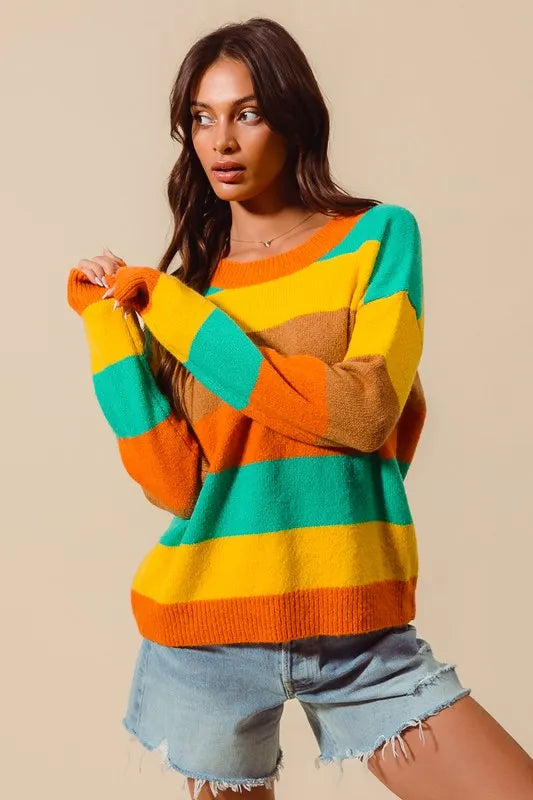 SO ME Multi Color Stripe Sweater with Ribbed Detail - Tigbul's Variety Fashion Shop