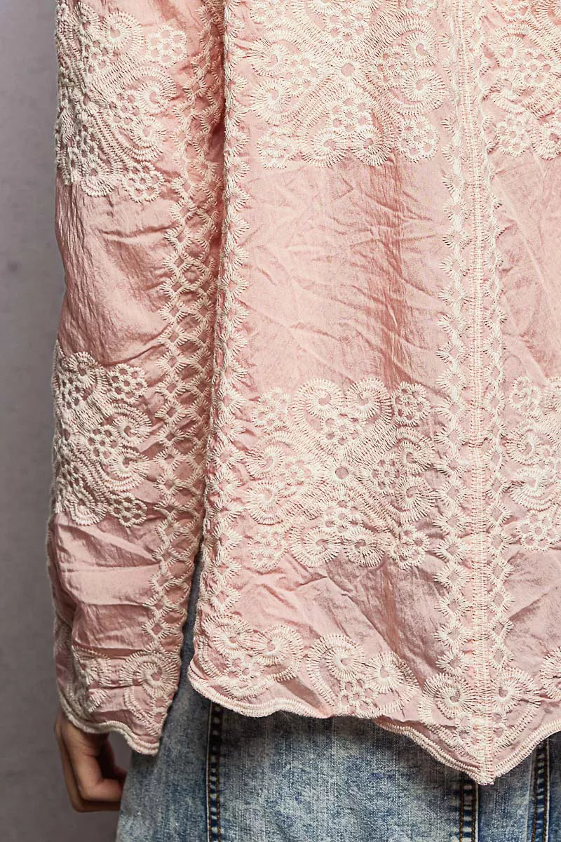 Embroidery Button Down Long Sleeve Shirt - Tigbul's Variety Fashion Shop