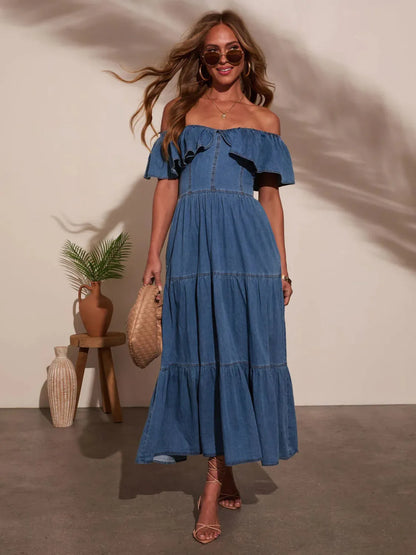 Off Shoulder Ruffle Tiered Denim Dress - Tigbul's Variety Fashion Shop