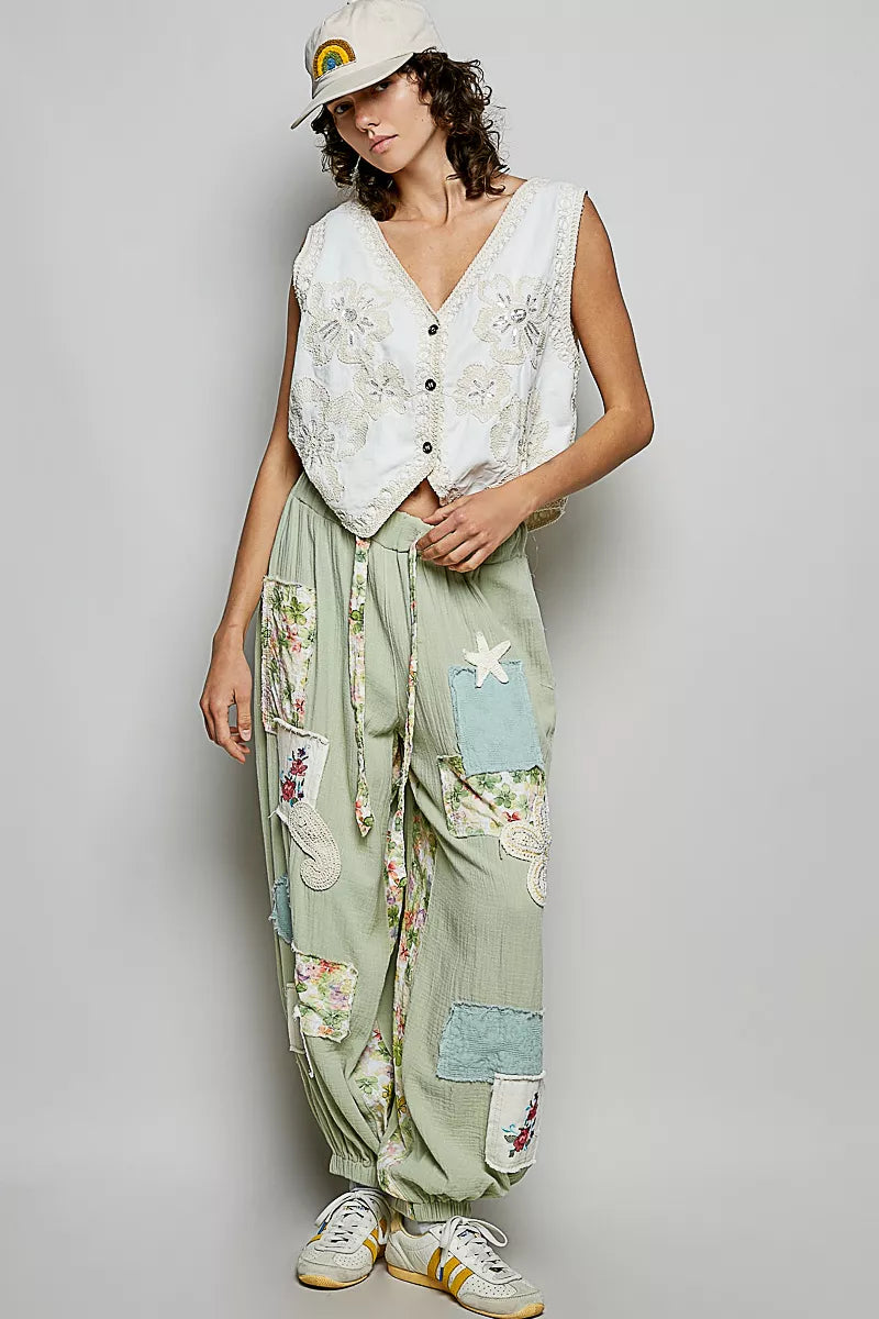 White Embroidered Floral V-Neck Button Down Crochet Vest | Tigbuls