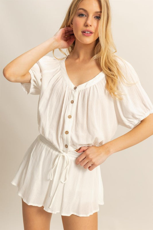 Off White Drawstring Hem Short Sleeve Top and Skort Set - Tigbul's Variety Fashion Shop