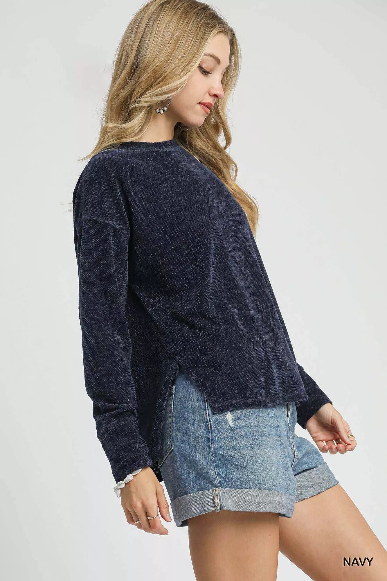 Umgee Round Neck Long Sleeve Side Slit Top - Tigbul's Variety Fashion Shop