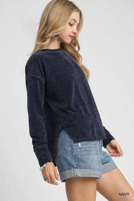 Umgee Round Neck Long Sleeve Side Slit Top - Tigbul's Variety Fashion Shop