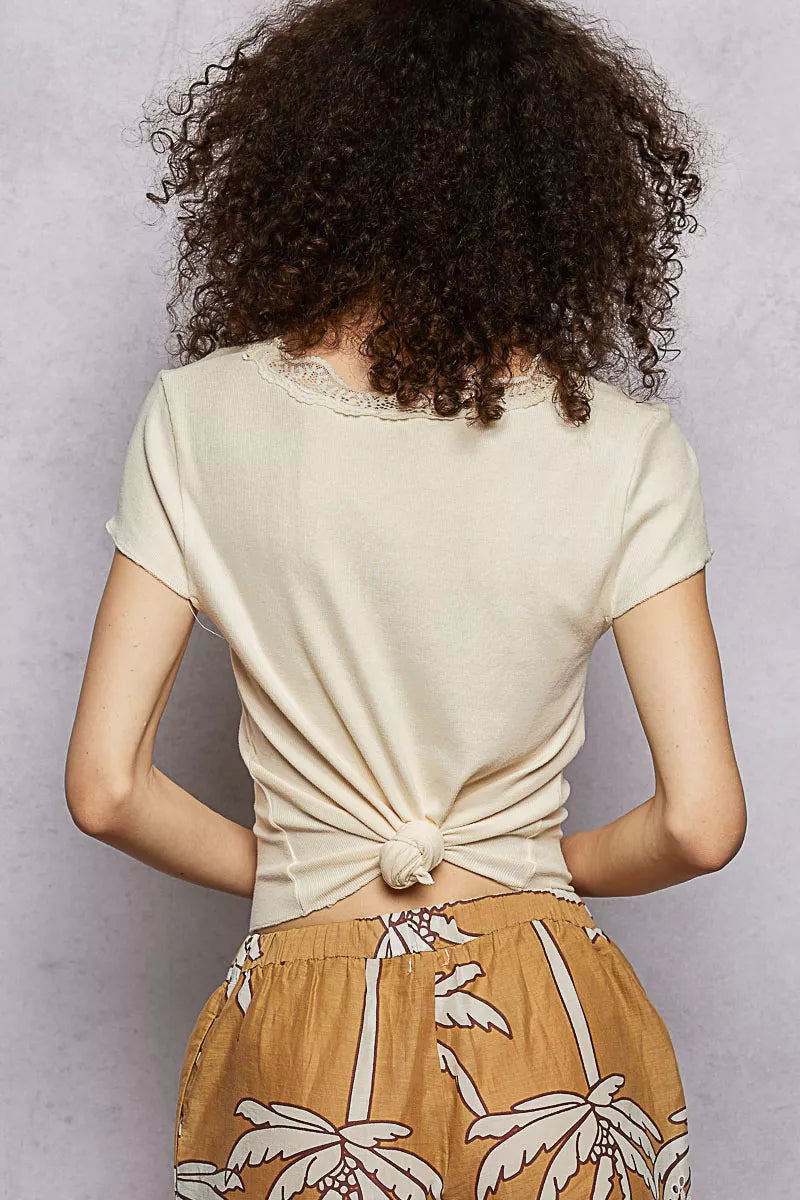 POL Round Neck Short Sleeve Crop T-Shirt with Lace Trim - Tigbul's Variety Fashion Shop