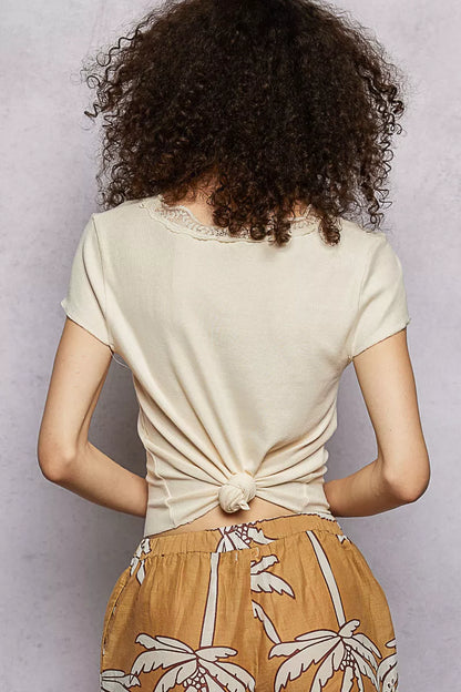 POL Round Neck Short Sleeve Crop T-Shirt with Lace Trim - Tigbul's Variety Fashion Shop