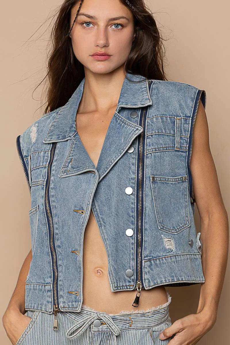 POL Cropped Denim Jacket with Functional Zipper Detail - Tigbul's Variety Fashion Shop
