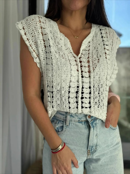Crochet Knit V-Neck Sweater Vest - Tigbul's Variety Fashion Shop