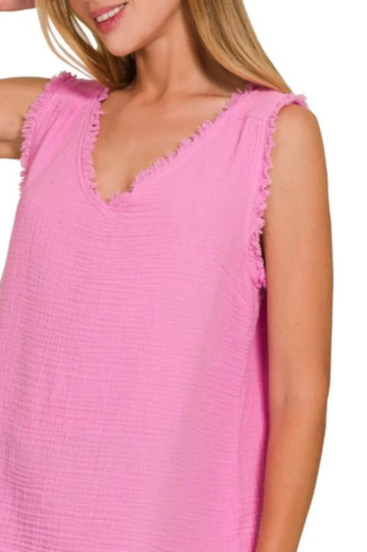 Pink Double Gauze Raw Edge V-Neck Tank - Tigbul's Variety Fashion Shop