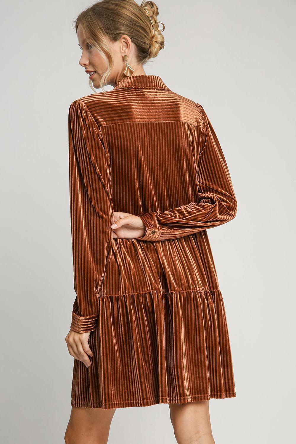 Copper Texture Tiered Collared Long Sleeve Dress - Tigbul's Variety Fashion Shop