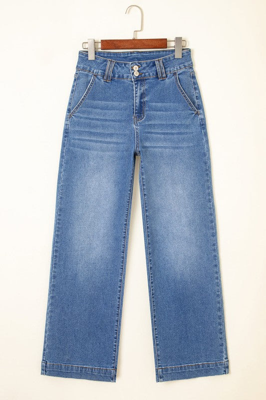 Sky blue straight-leg jeans with button-fly waistband and belt loops, front view