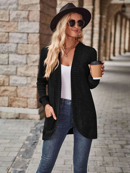 Ribbed Open Front Long Cardigan with Pockets - Tigbul's Variety Fashion Shop