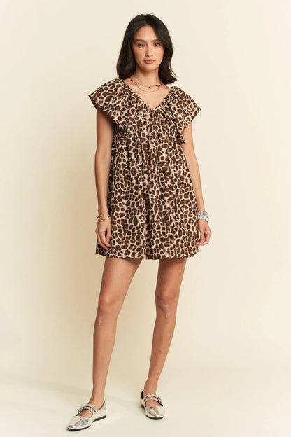Animal Printed Velvet Ribbon Brown Mini Dress - Tigbul's Variety Fashion Shop