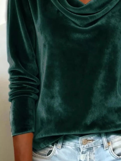 Velvet Cowl Neck Long Sleeve T-Shirt - Tigbul's Variety Fashion Shop