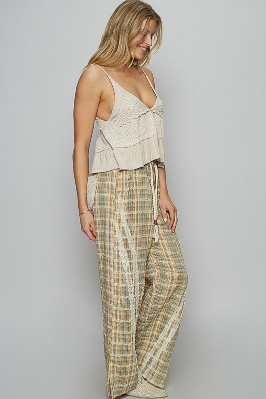 Lace Trim Drawstring Checkered Wide Leg Pants - Tigbul's Variety Fashion Shop