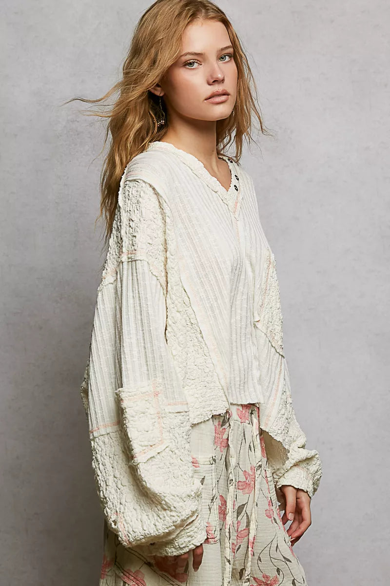 Trendsi off-white V-neck top with textured stitch detail