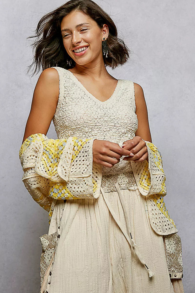 POL Open Front Crochet Cardigan with Granny Square Pattern - Tigbul's Variety Fashion Shop