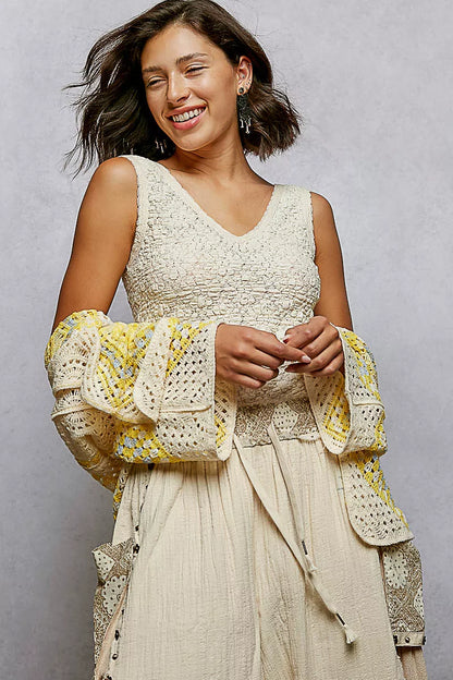 POL Open Front Crochet Cardigan with Granny Square Pattern - Tigbul's Variety Fashion Shop