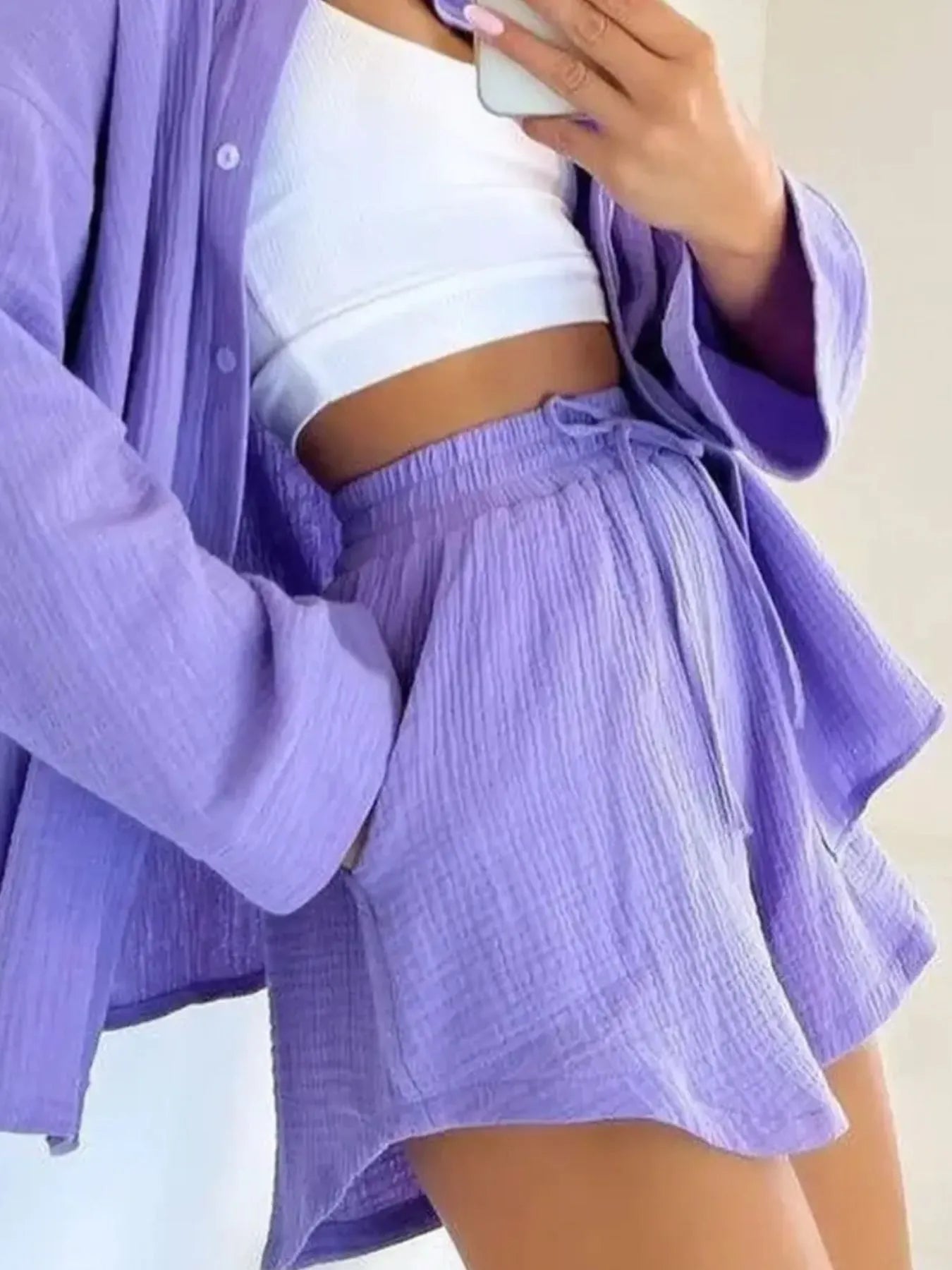 Texture Button Up Shirt and Shorts Set - Tigbul's Variety Fashion Shop