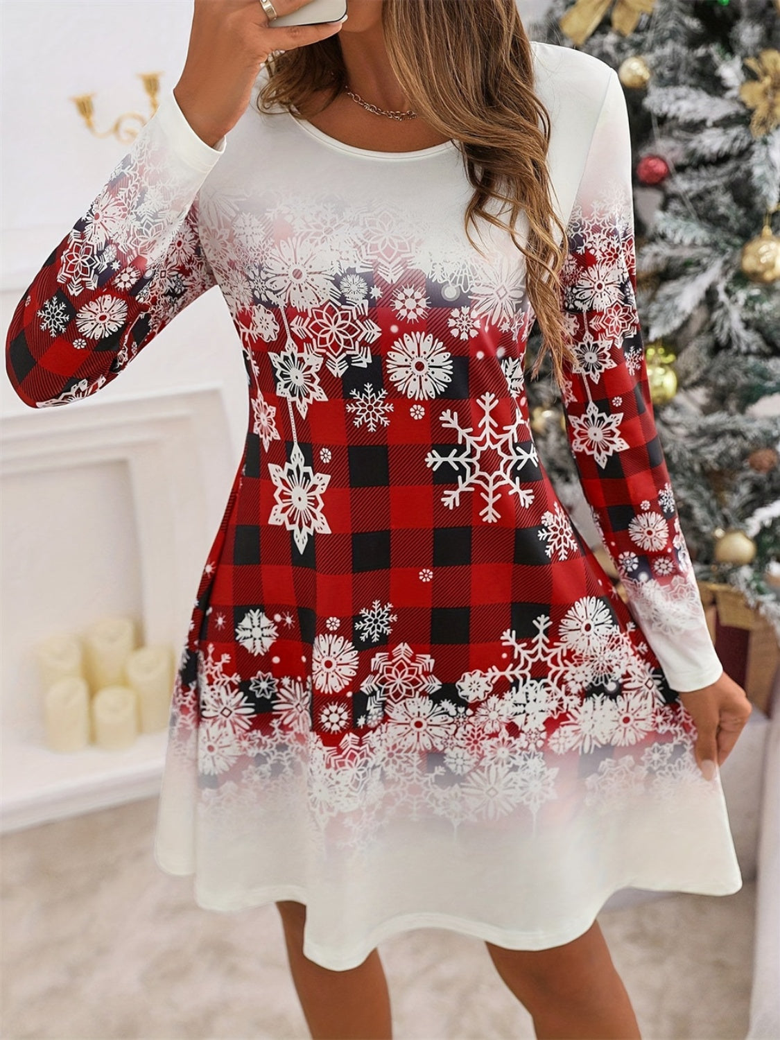 Snowflakes Plaid Round Neck Long Sleeve Dress - Tigbul's Variety Fashion Shop