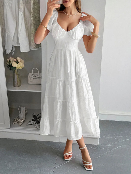 V-Neck Short Sleeve Midi Dress - Tigbul's Variety Fashion Shop