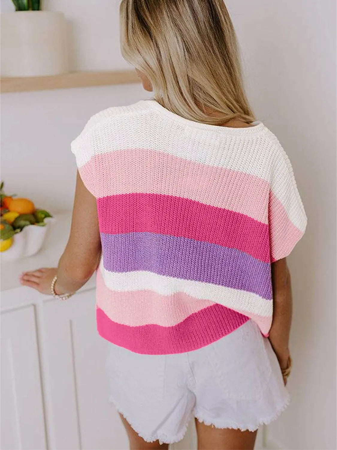 Color Block Notched Short Sleeve Knit Top - Tigbul's Variety Fashion Shop