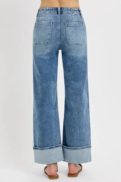 RISEN High Rise Ankle Wide Button Patch Pocket Cuffed Jeans - Tigbul's Variety Fashion Shop