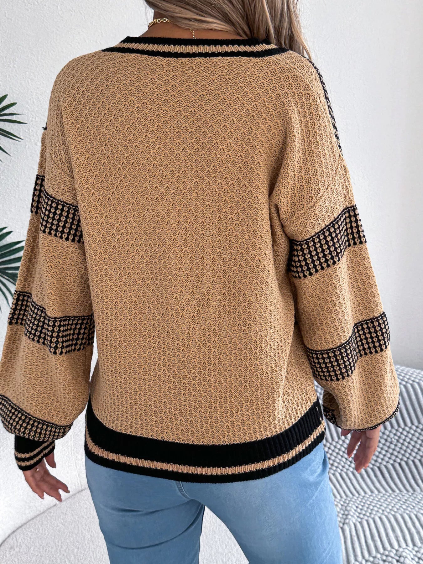Contrast Striped V-Neck Sweater - Tigbul's Variety Fashion Shop