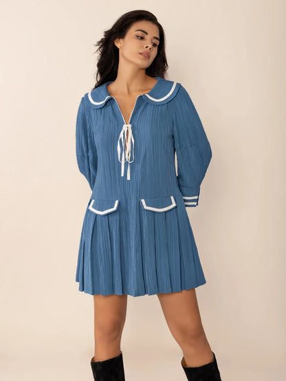 Tie Front Pleated Three-Quarter Sleeve Blue Mini Dress - Tigbul's Variety Fashion Shop