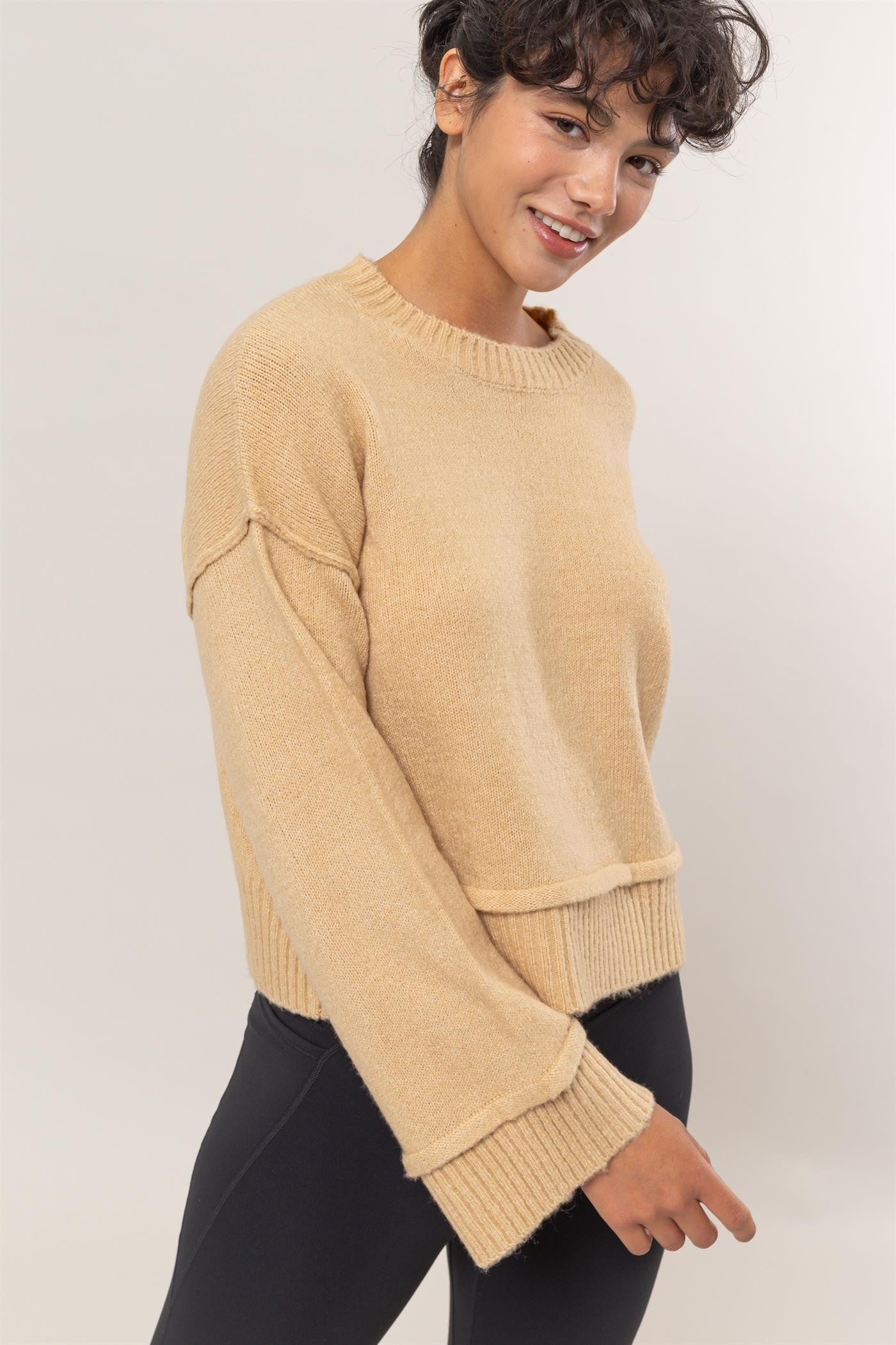 Taupe Round Neck Dropped Shoulder Ribbed Sweater - Tigbul's Variety Fashion Shop