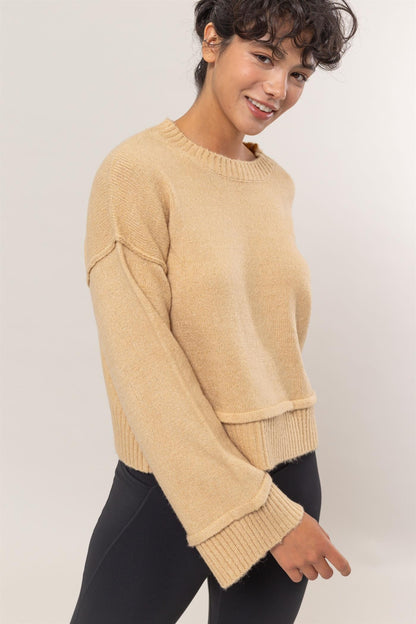 Taupe Round Neck Dropped Shoulder Ribbed Sweater - Tigbul's Variety Fashion Shop