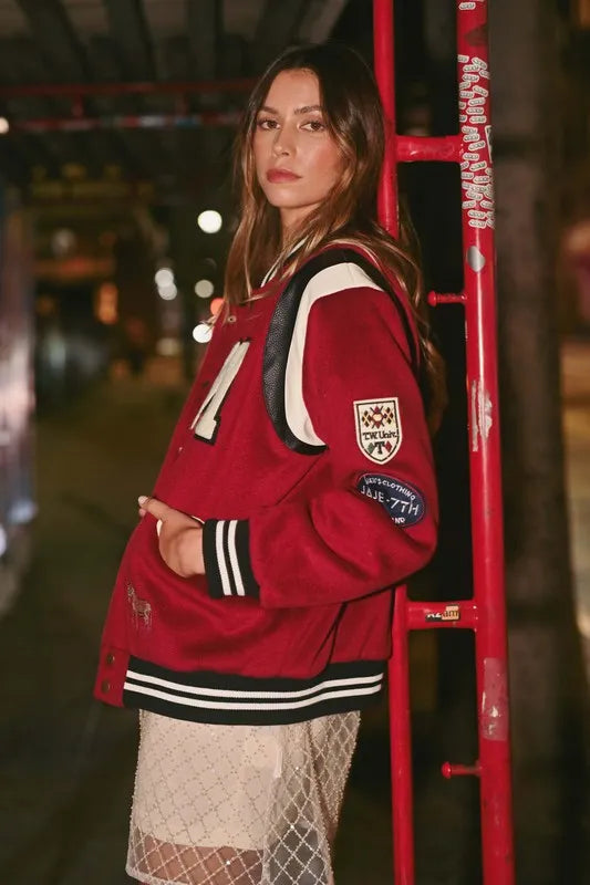 Burgundy Varsity Jacket with Patch Detail - Tigbul's Variety Fashion Shop