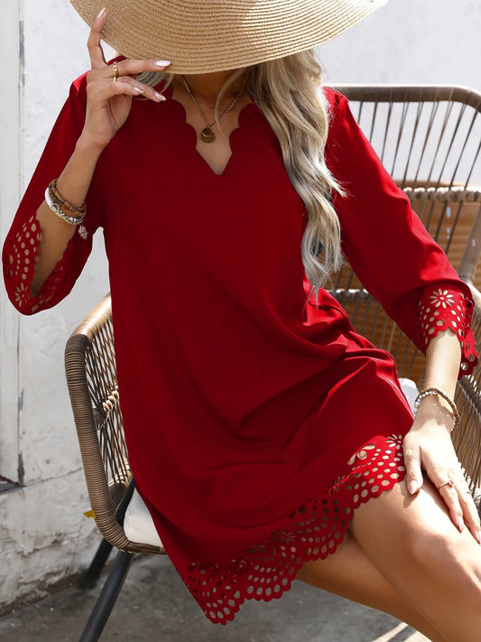 Cutout V-Neck Three-Quarter Sleeve Mini Dress - Tigbul's Variety Fashion Shop