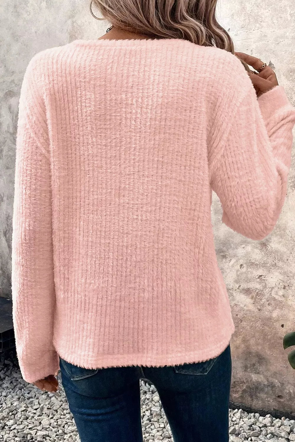 Fuzzy Ribbed Texture Round Neck Long Sleeve Top - Tigbul's Variety Fashion Shop
