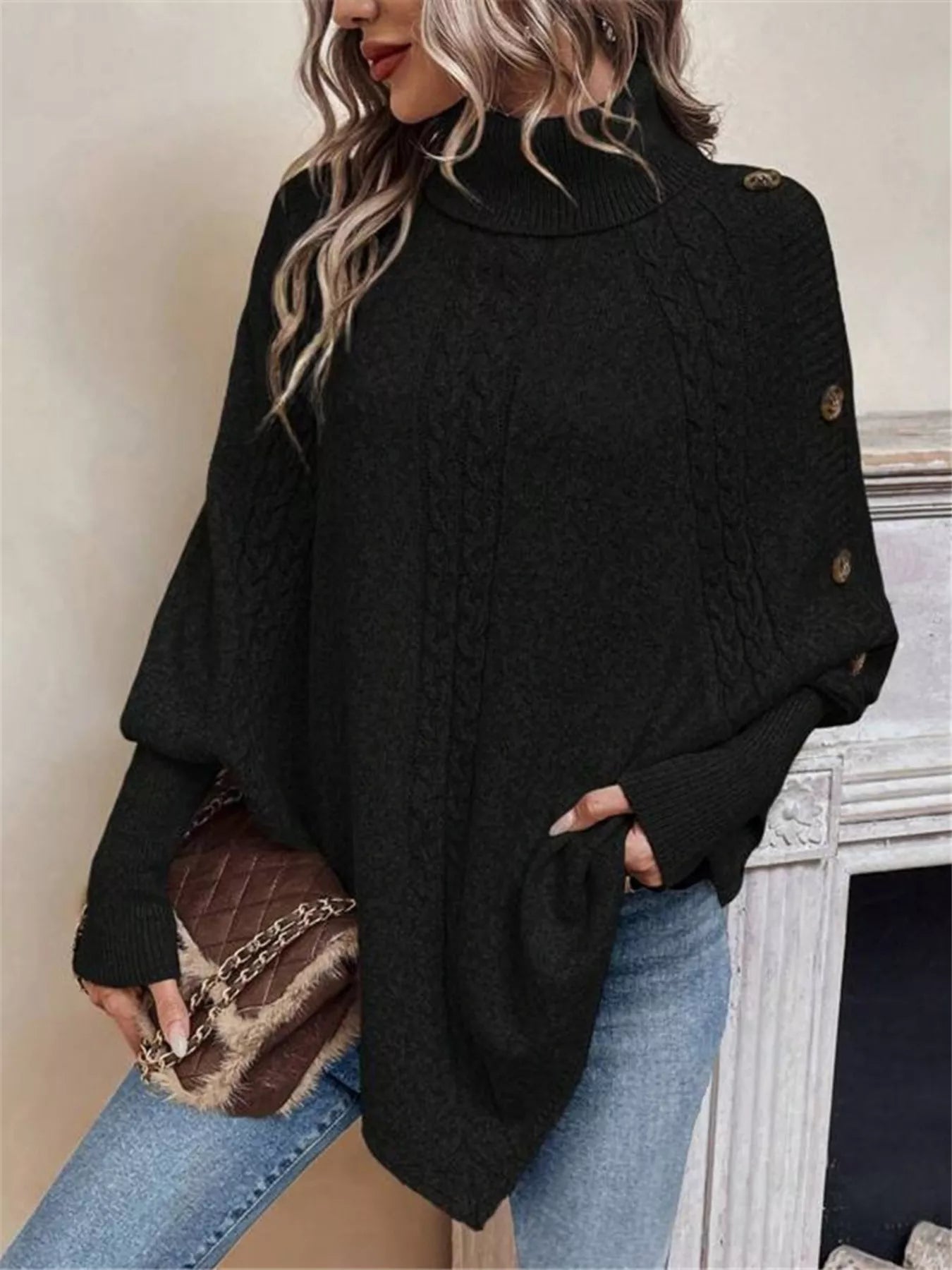 Cable Knit Turtleneck Cape Sweater - Tigbul's Variety Fashion Shop