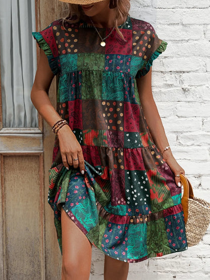 Burgundy Color Block Print Short Sleeve Mini Dress - Tigbul's Variety Fashion Shop