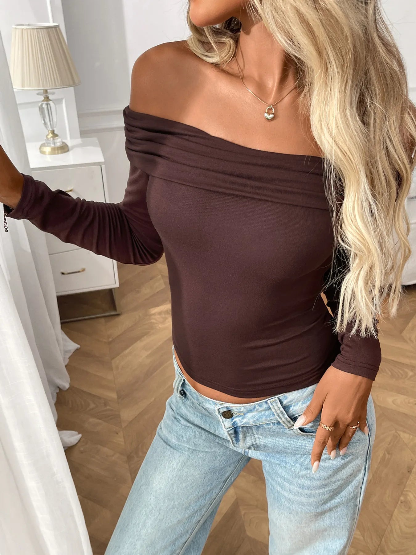 Off-Shoulder Long Sleeve Fitted T-Shirt - Tigbul's Variety Fashion Shop