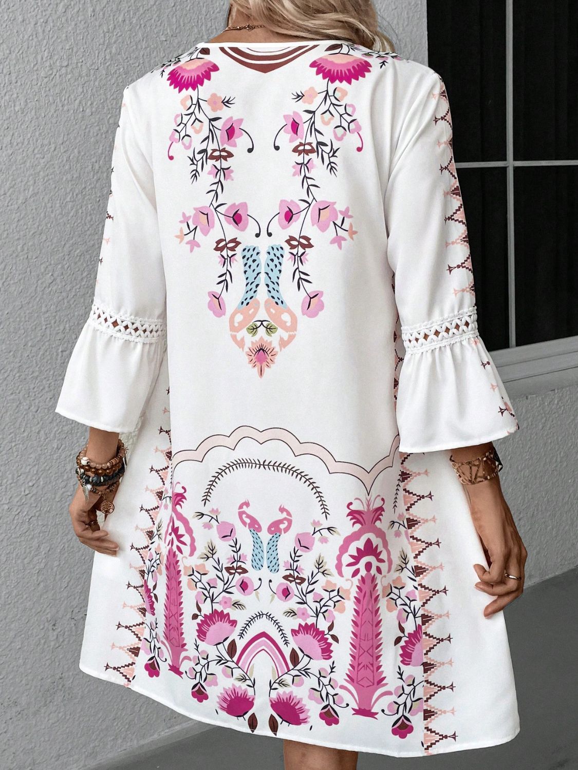 Lace Detail Printed Three-Quarter Sleeve Dress - Tigbul's Variety Fashion Shop