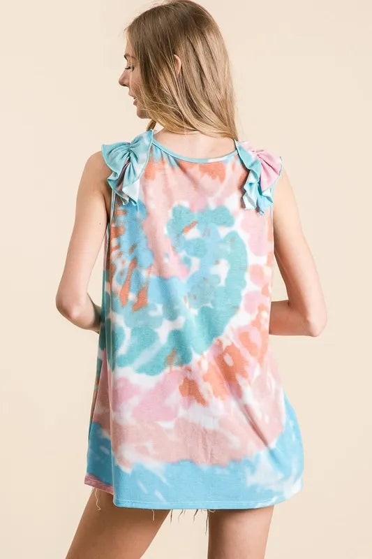 Circular Tie Dye Knit V Neck Top With Ruffle - Tigbul's Variety Fashion Shop
