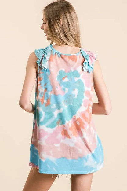Circular Tie Dye Knit V Neck Top With Ruffle - Tigbul's Variety Fashion Shop