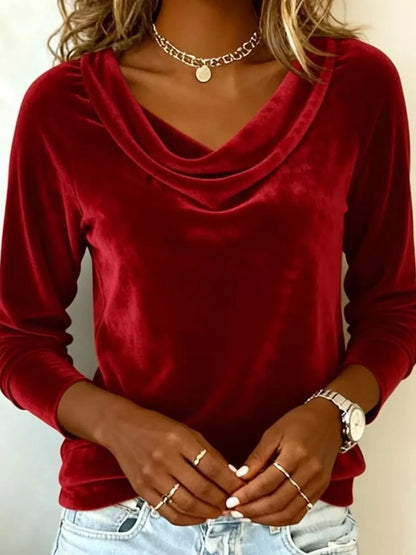 Velvet Cowl Neck Long Sleeve T-Shirt - Tigbul's Variety Fashion Shop