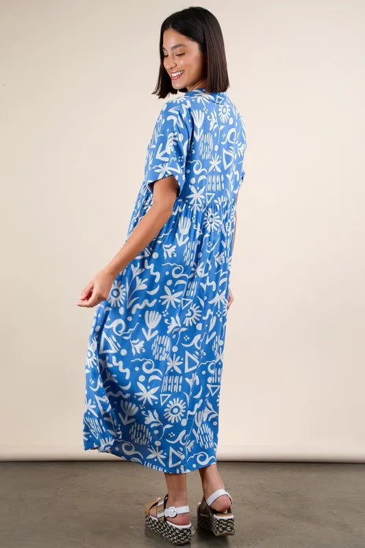 Blue Plus Size Oversized Printed Shirt Midi Dress - Tigbul's Variety Fashion Shop