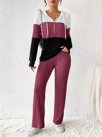 Color Block Half Zip Hooded Top and Pants Set - Tigbul's Variety Fashion Shop